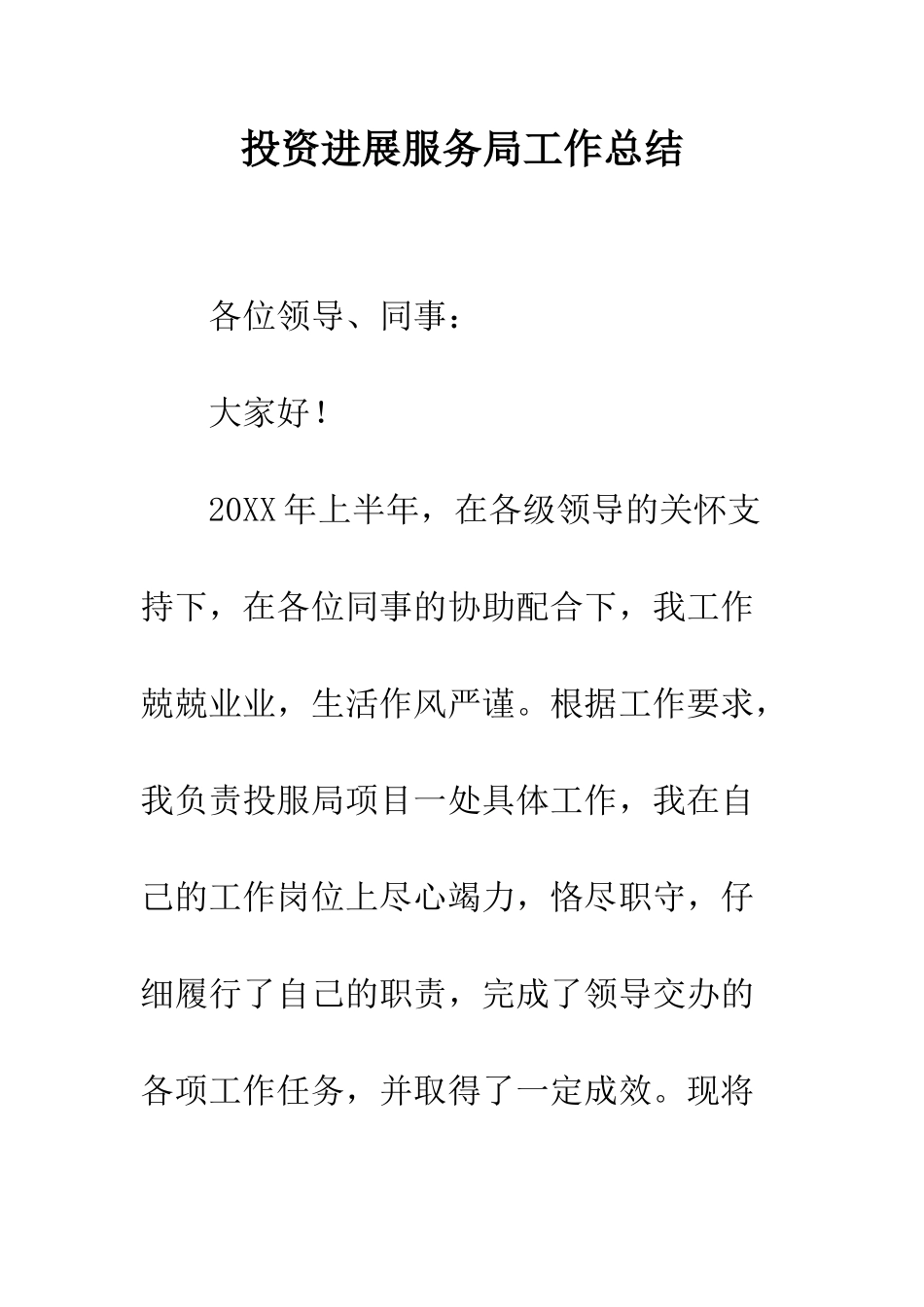 投资发展服务局工作总结--精编范文_第1页