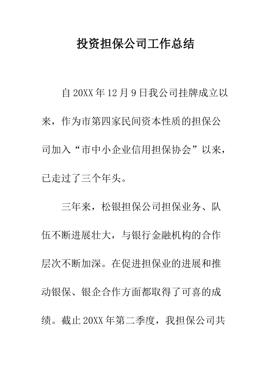 投资担保公司工作总结--精编范文_第1页