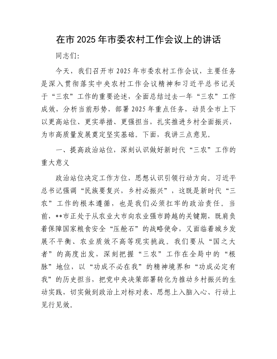在市2025年市委农村工作会议上的讲话_第1页
