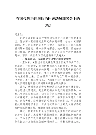 在国投纠治违规饮酒问题动员部署会上的讲话