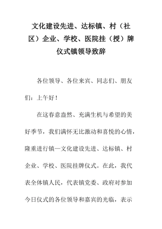 文化建设先进、达标镇、村企业、学校、医院挂牌仪式镇领导致辞