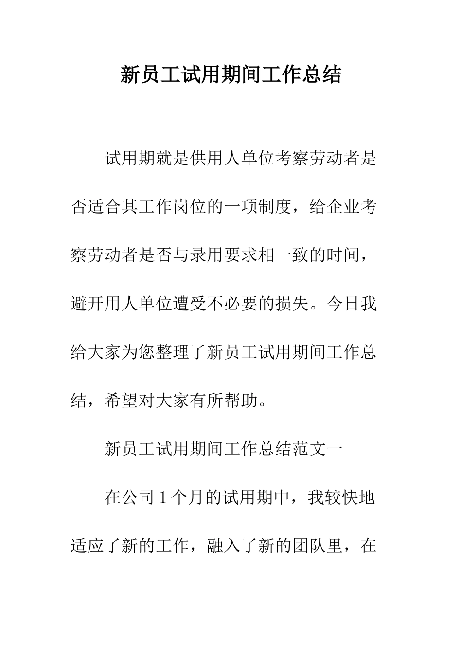 新员工试用期间工作总结--精编范文_第1页