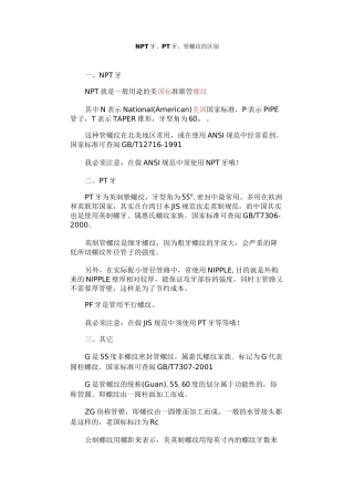 NPT牙、PT牙、管螺纹的区别