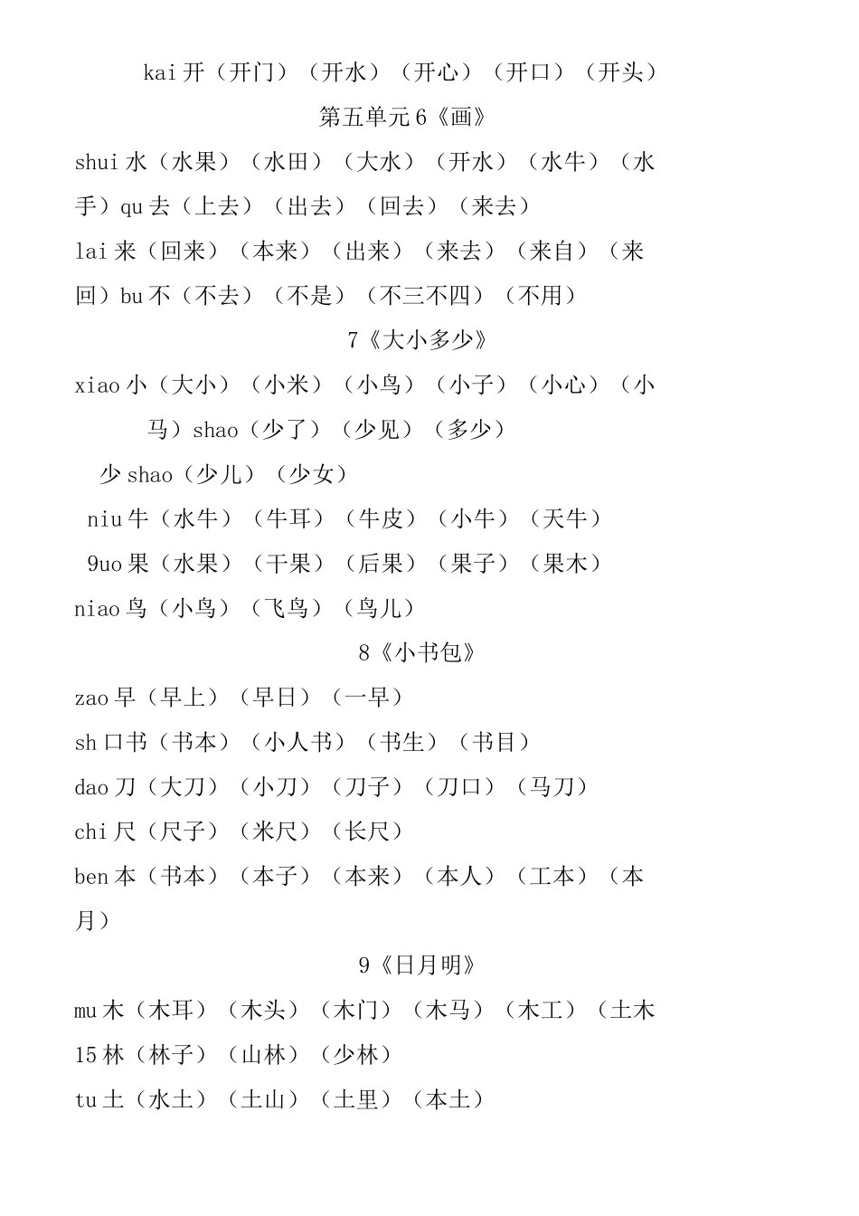 统编本(部编本)一年级上册写字表生字及组词_第3页