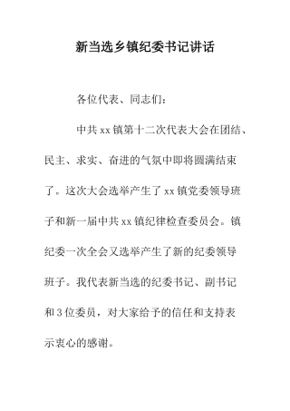 新当选乡镇纪委书记讲话--精编范文