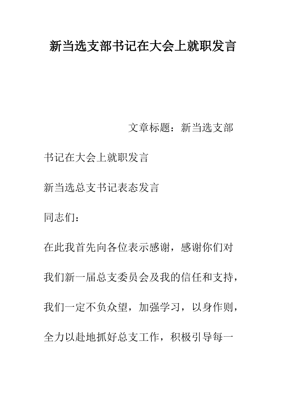 新当选支部书记在大会上就职发言--精编范文_第1页