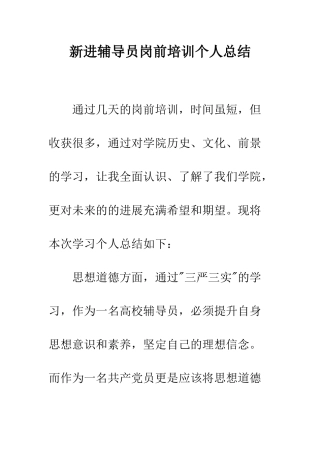 新进辅导员岗前培训个人总结--精编范文