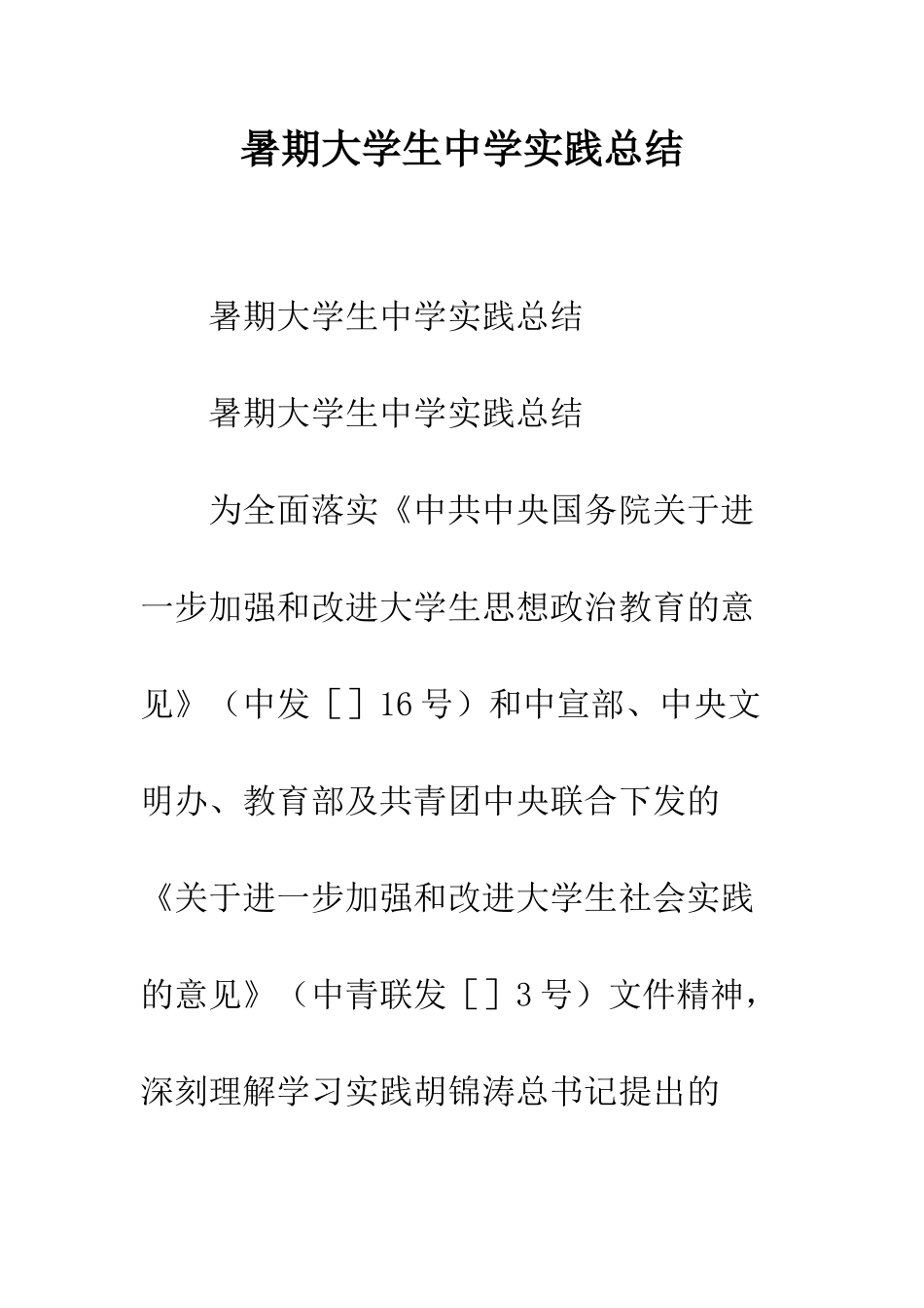 暑期大学生中学实践总结--精编范文_第1页