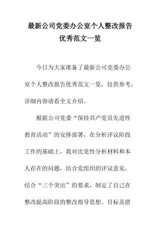 最新公司党委办公室个人整改报告优秀范文一览--精选范文