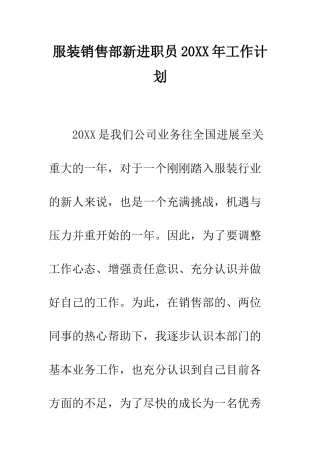 服装销售部新进职员2025年工作计划--精编范文