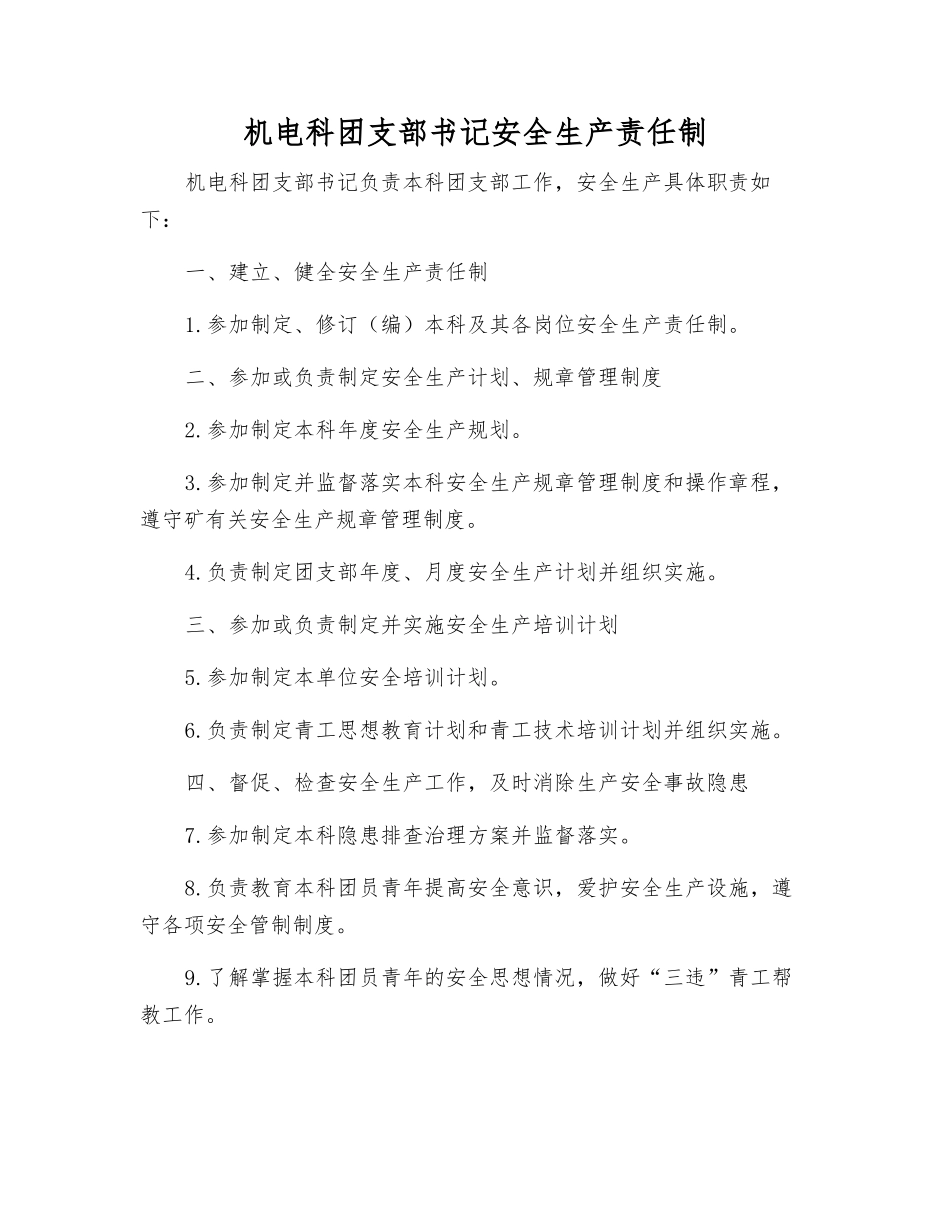 机电科团支部书记安全生产责任制_第1页