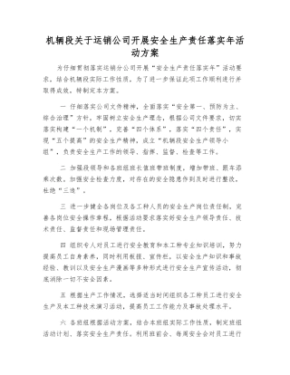 机辆段关于运销公司开展安全生产责任落实年活动方案