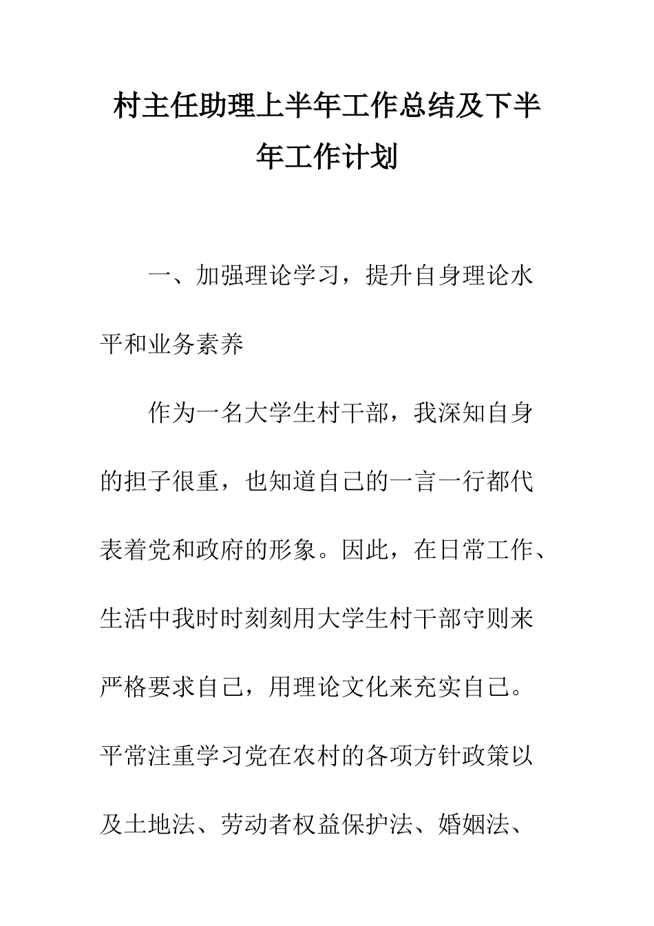 村主任助理上半年工作总结及下半年工作计划--精编范文_第1页
