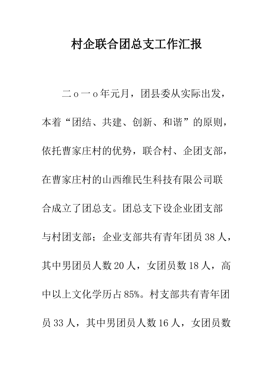 村企联合团总支工作汇报--精编范文_第1页
