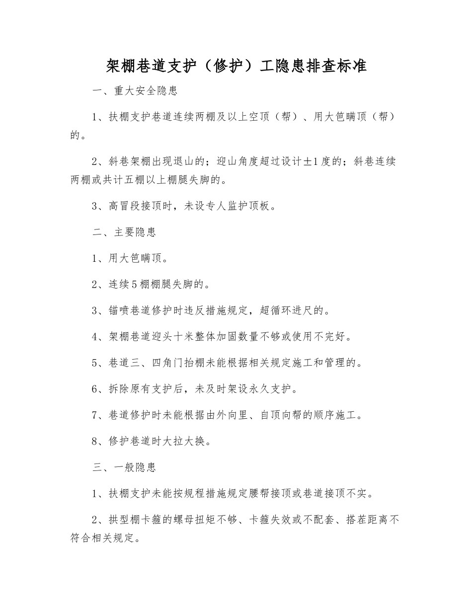 架棚巷道支护工隐患排查标准_第1页