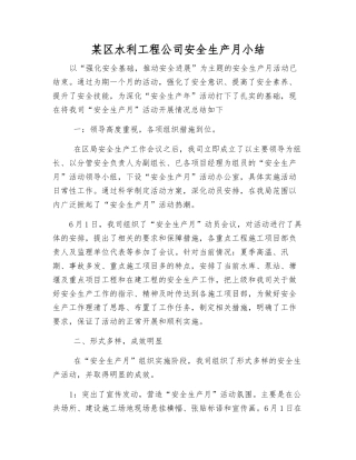 某区水利工程公司安全生产月小结