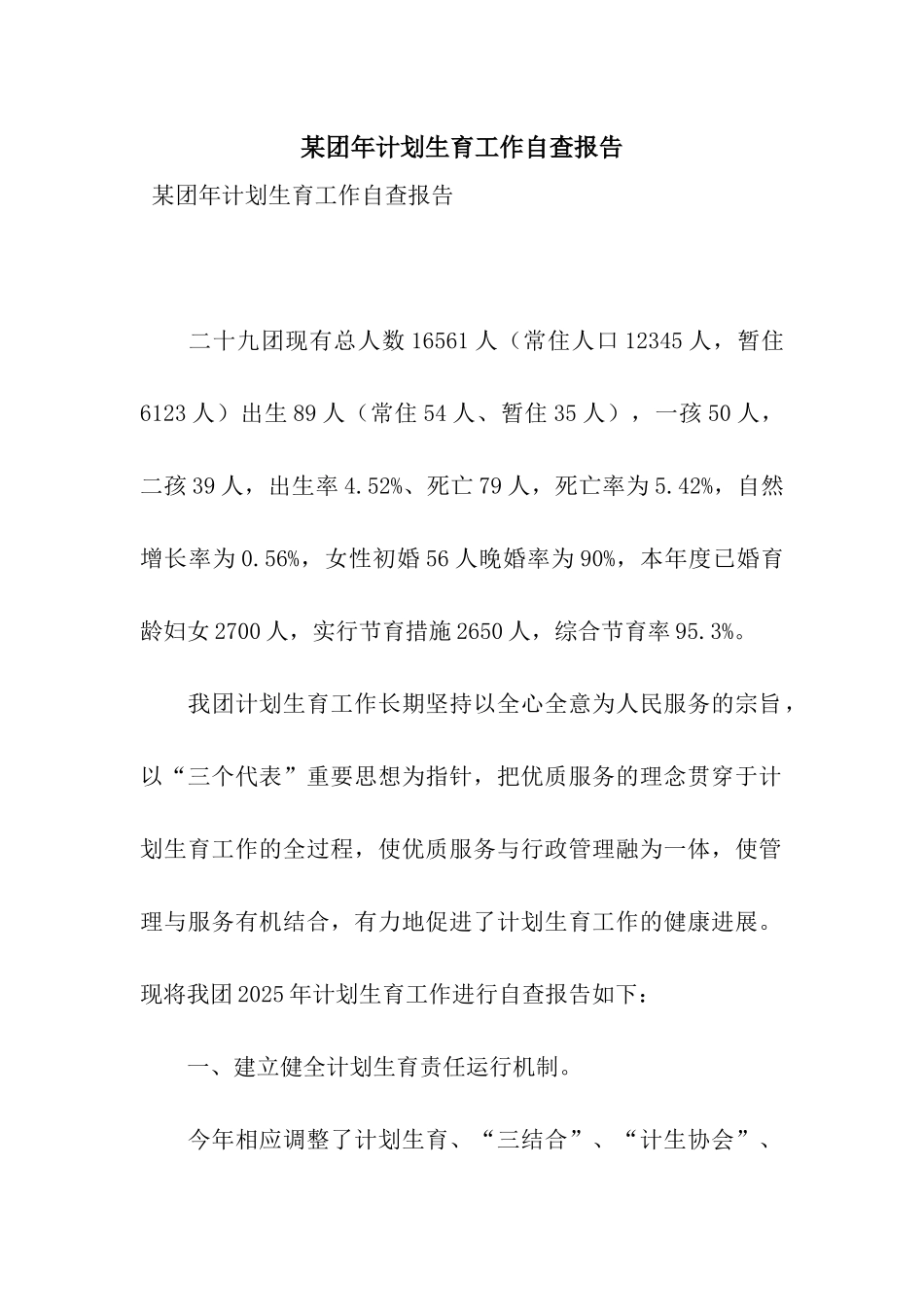 某团年计划生育工作自查报告_第1页