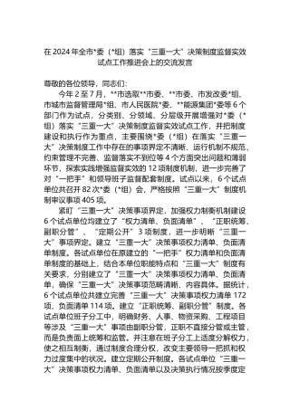 在2024年全市落实“三重一大”决策制度监督实效试点工作推进会上的交流发言