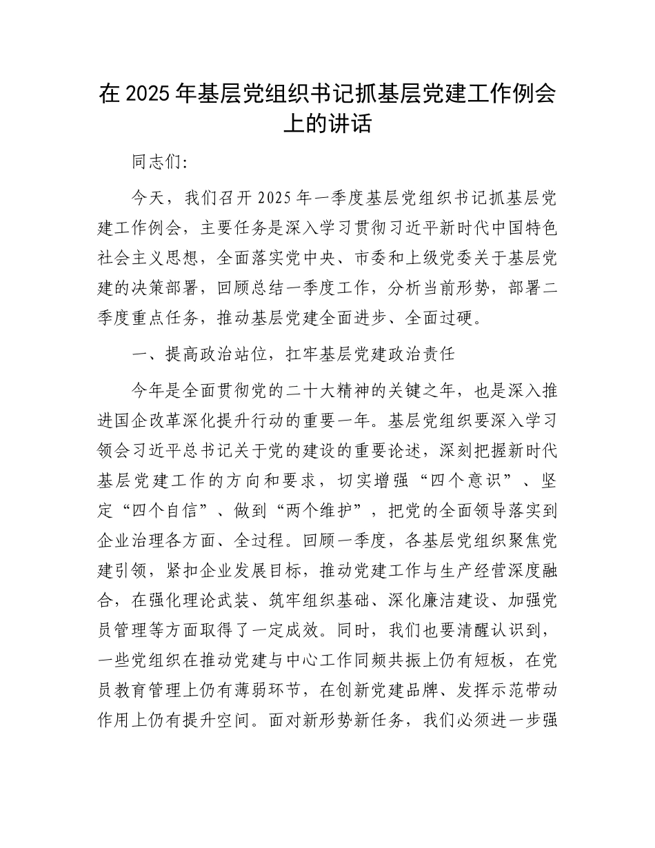 在2025年基层党组织书记抓基层党建工作例会上的讲话_第1页