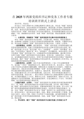 在2025年两新党组织书记和党务工作者专题培训班开班式上讲话