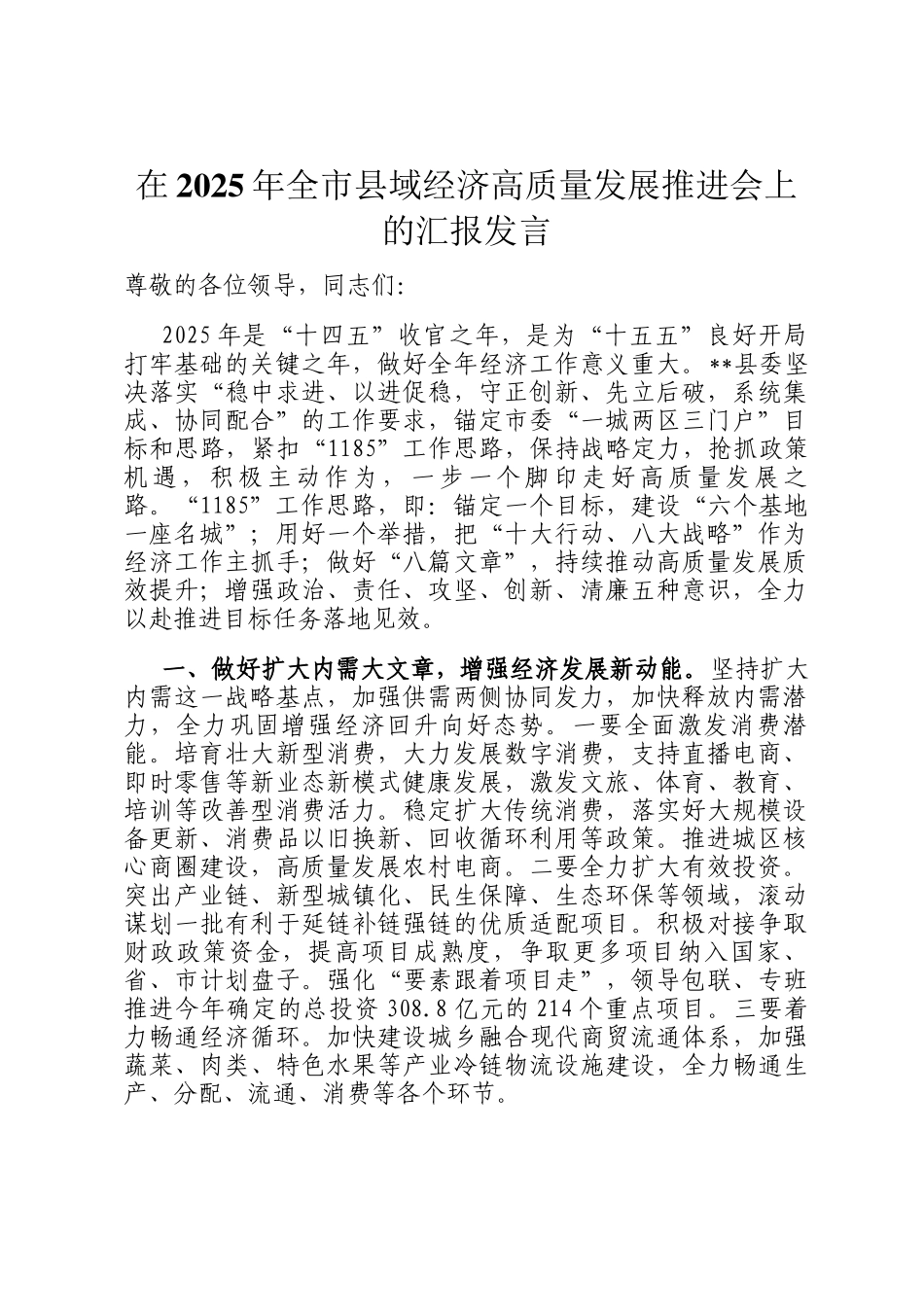 在2025年全市县域经济高质量发展推进会上的汇报发言_第1页