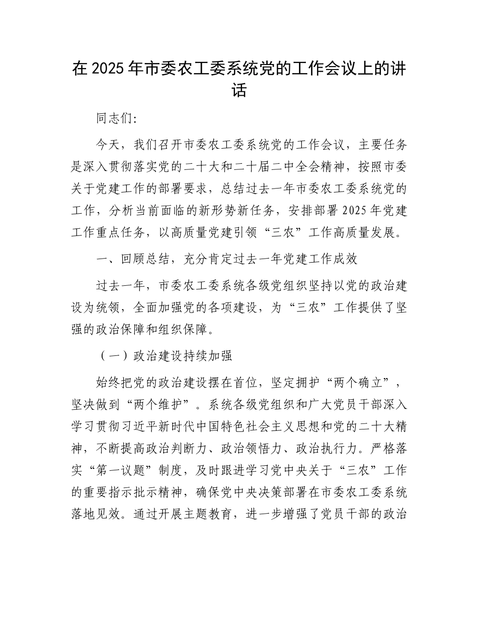 在2025年市委农工委系统党的工作会议上的讲话_第1页