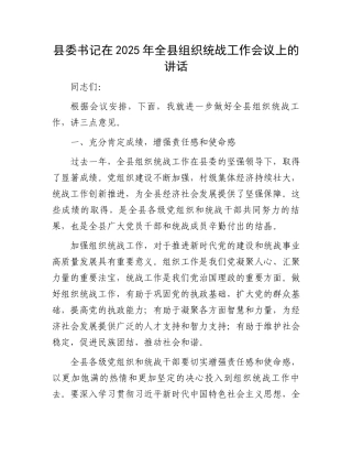 县委书记在2025年全县组织统战工作会议上的讲话