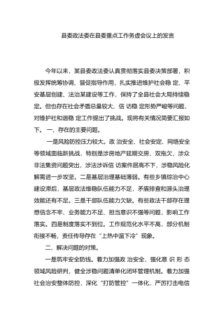 县委政法委在县委重点工作务虚会议上的发言