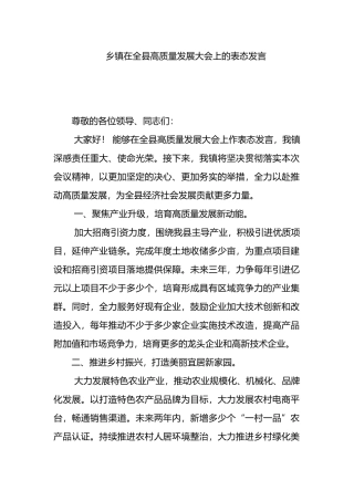 乡镇在全县高质量发展大会上的表态发言