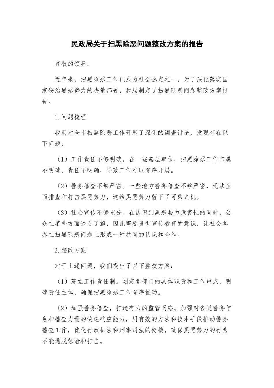 民政局关于扫黑除恶问题整改方案的报告_第1页
