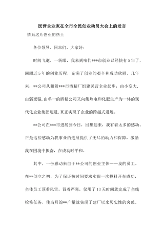 民营企业家在全市全民创业动员大会上的发言