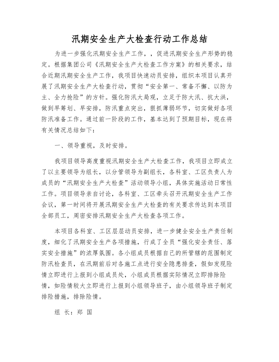 汛期安全生产大检查行动工作总结_第1页
