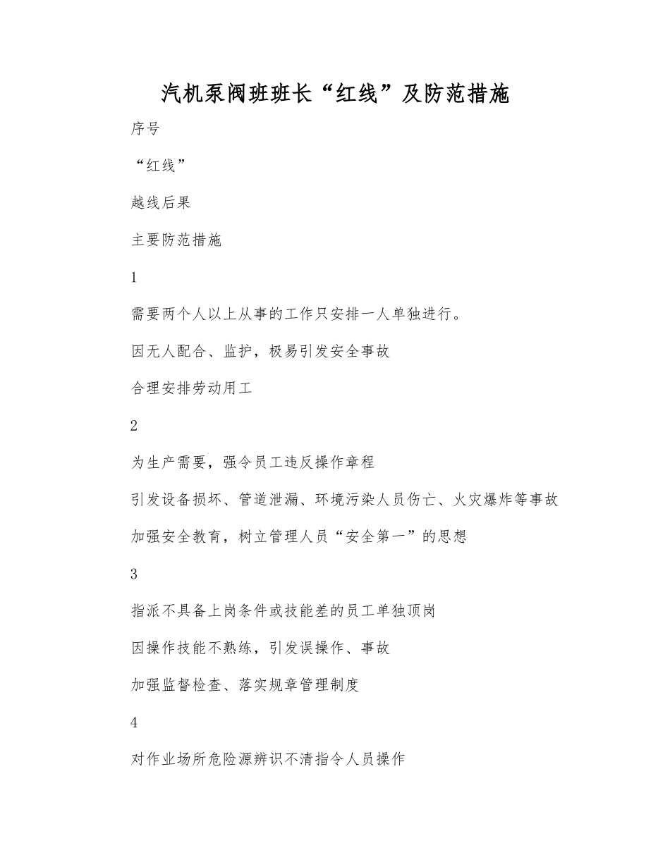汽机泵阀班班长“红线”及防范措施_第1页
