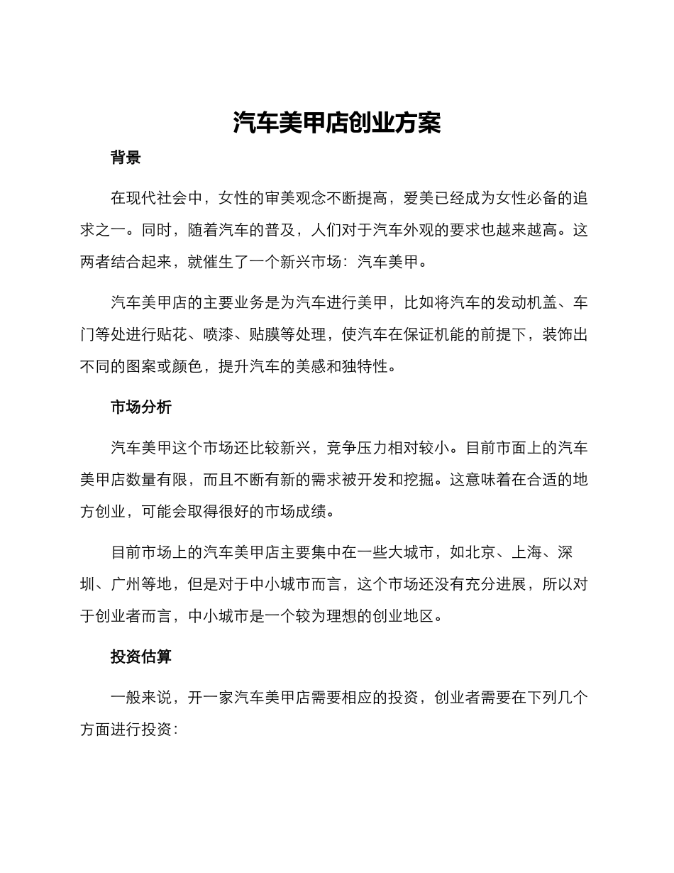 汽车美甲店创业方案_第1页