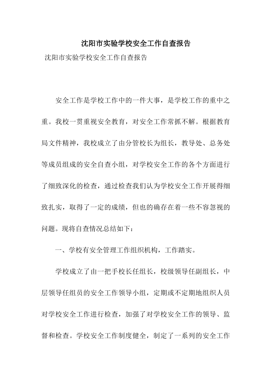 沈阳市实验学校安全工作自查报告_第1页