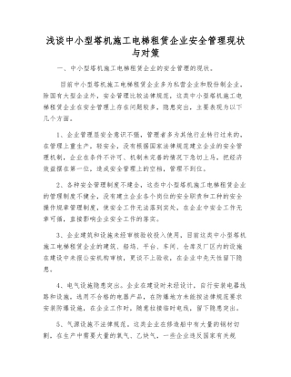 浅谈中小型塔机施工电梯租赁企业安全管理现状与对策