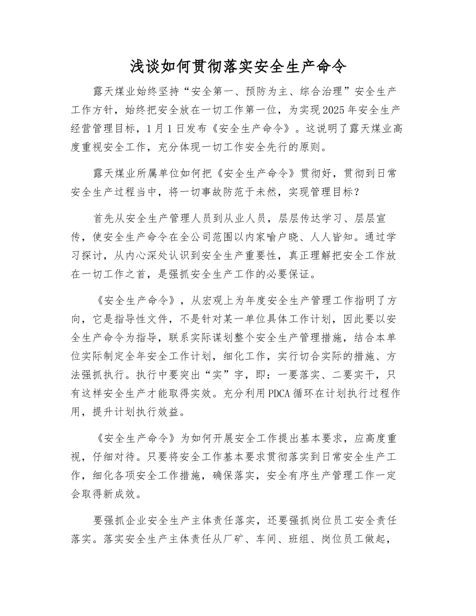 浅谈如何贯彻落实安全生产命令_第1页