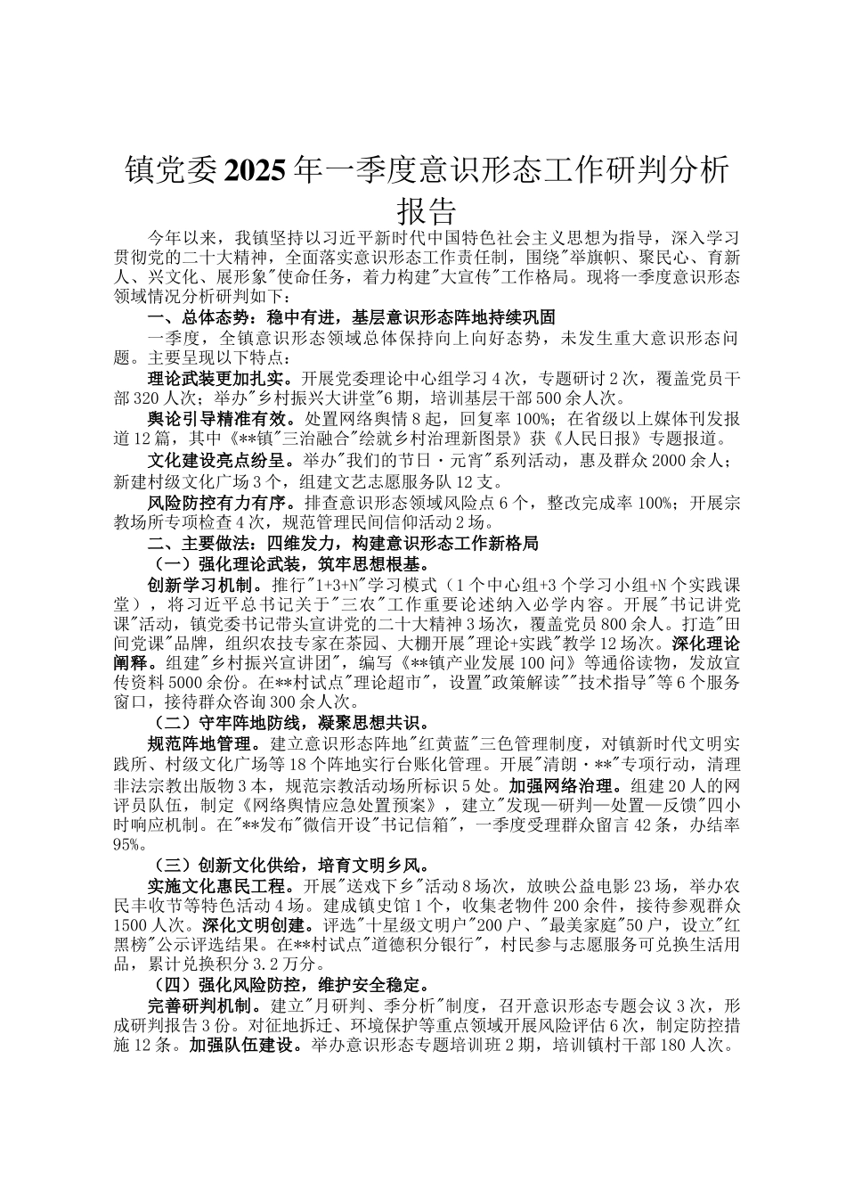 镇党委2025年一季度意识形态工作研判分析报告_第1页