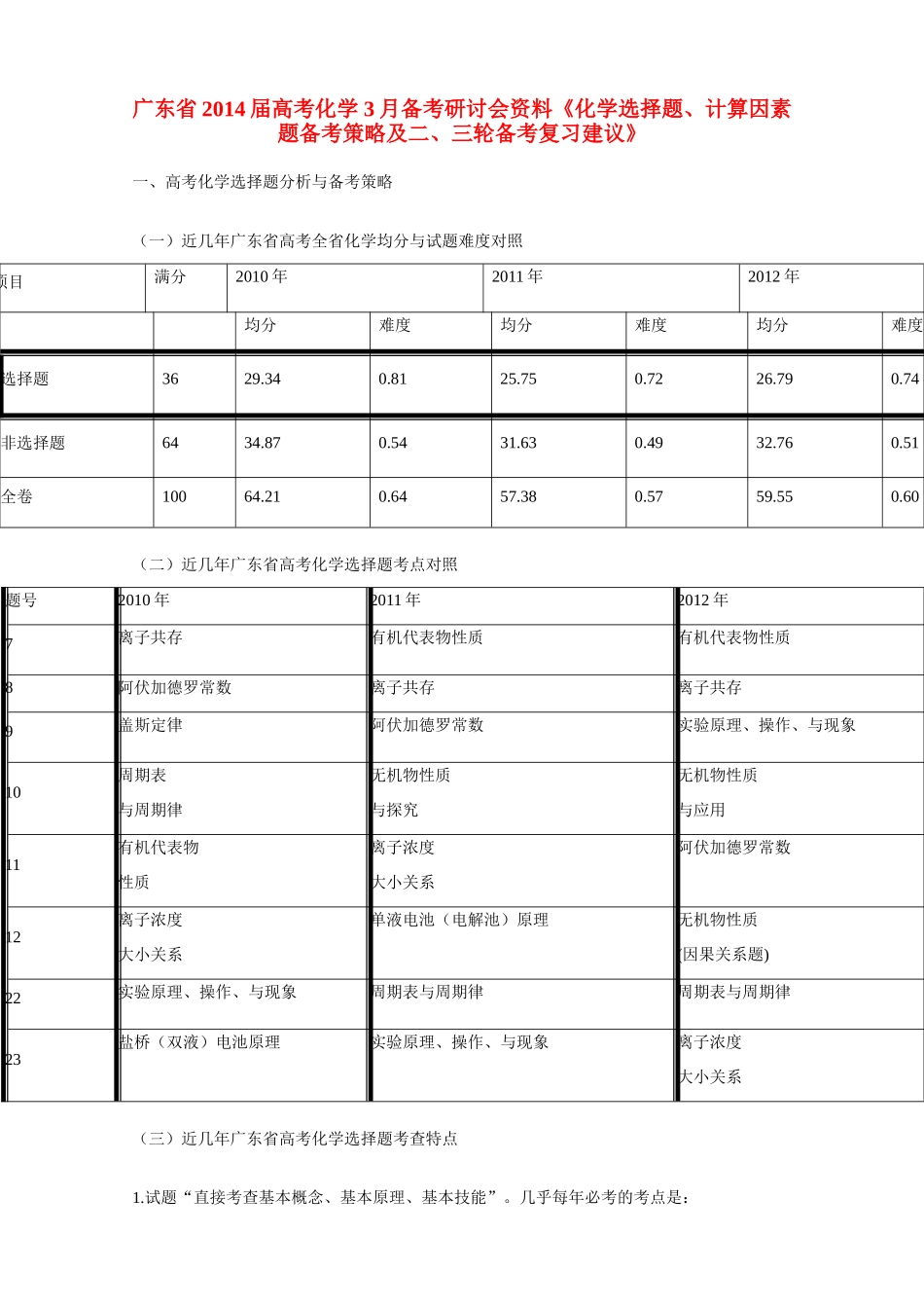 广东省2014届高考化学 3月备考研讨会资料《化学选择题、计算因素题备考策略及二、三轮备考复习建议》_第1页