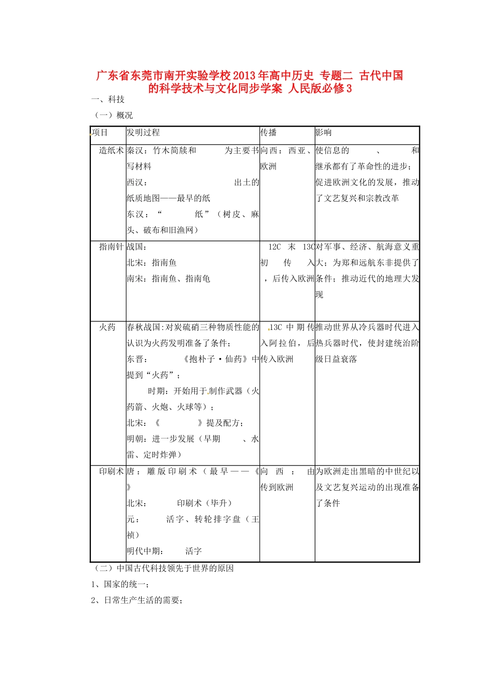 广东省东莞市南开实验学校2013年高中历史 专题二 古代中国的科学技术与文化同步学案 人民版必修3_第1页