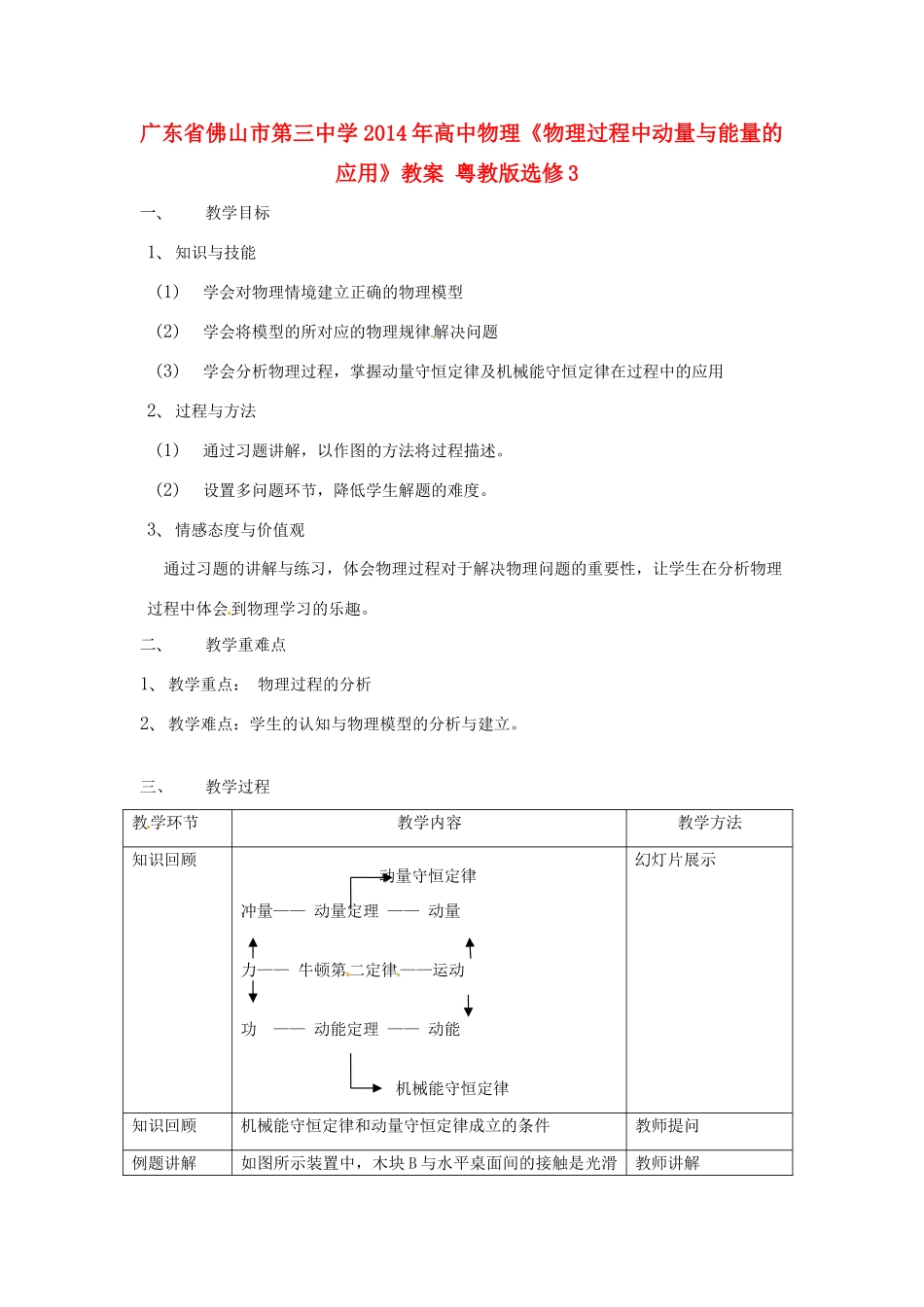 广东省佛山市第三中学2014年高中物理《物理过程中动量与能量的应用》教案 粤教版选修3_第1页
