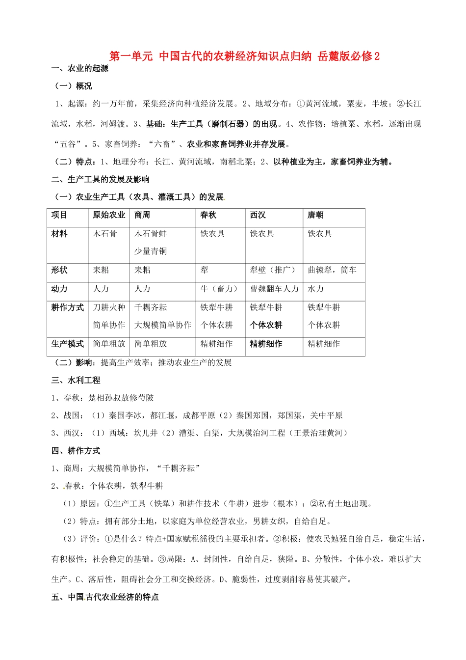 广东省佛山市三水区实验中学高中历史 第一单元 中国古代的农耕经济知识点归纳 岳麓版必修2_第1页
