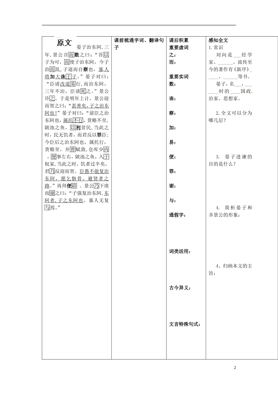 广东省佛山市顺德区均安中学高中语文 第四单元 晏子治东阿导学案 粤教版必修4_第2页