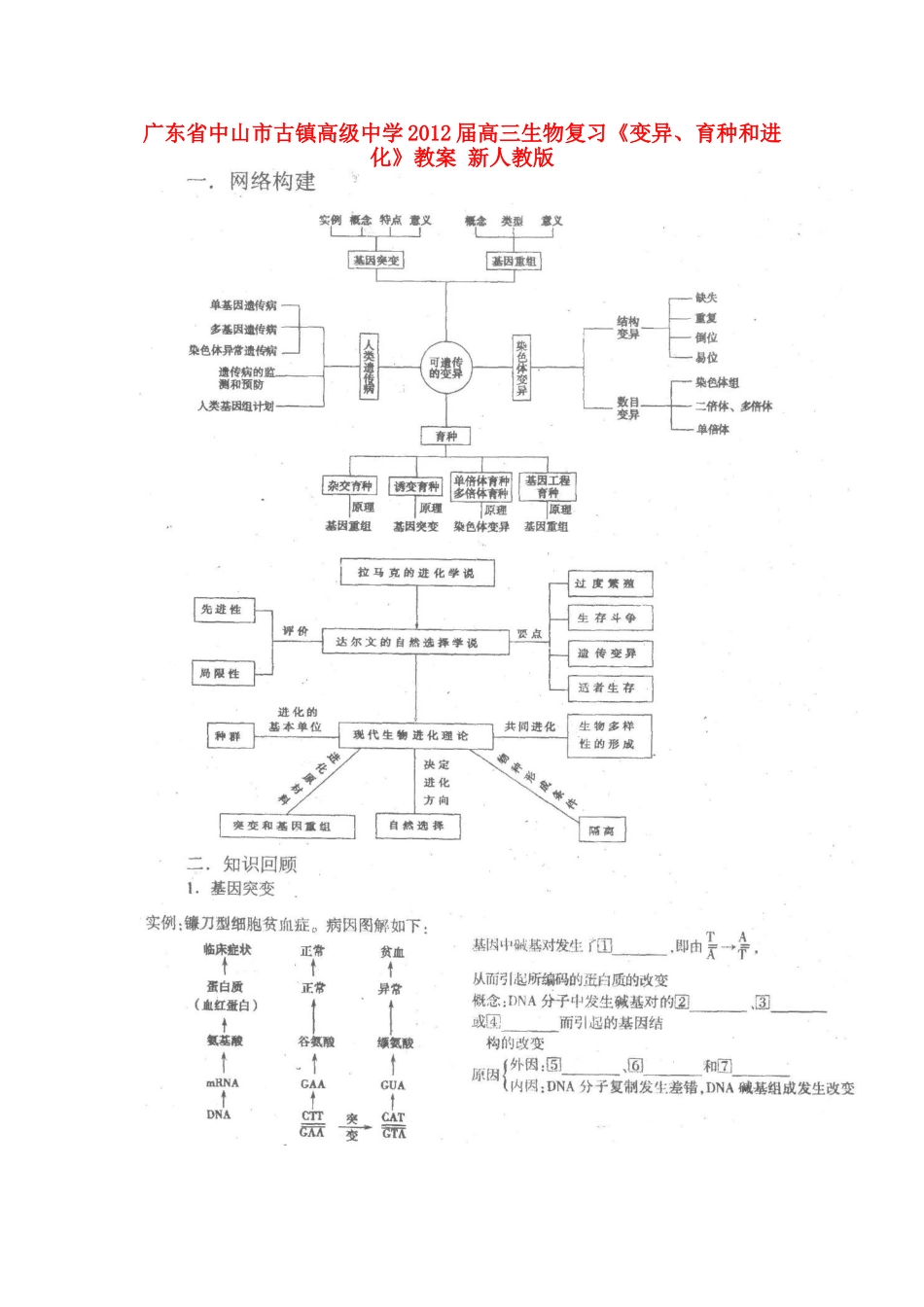 广东省中山市古镇高级中学2012届高三生物复习《变异、育种和进化》教案 新人教版_第1页