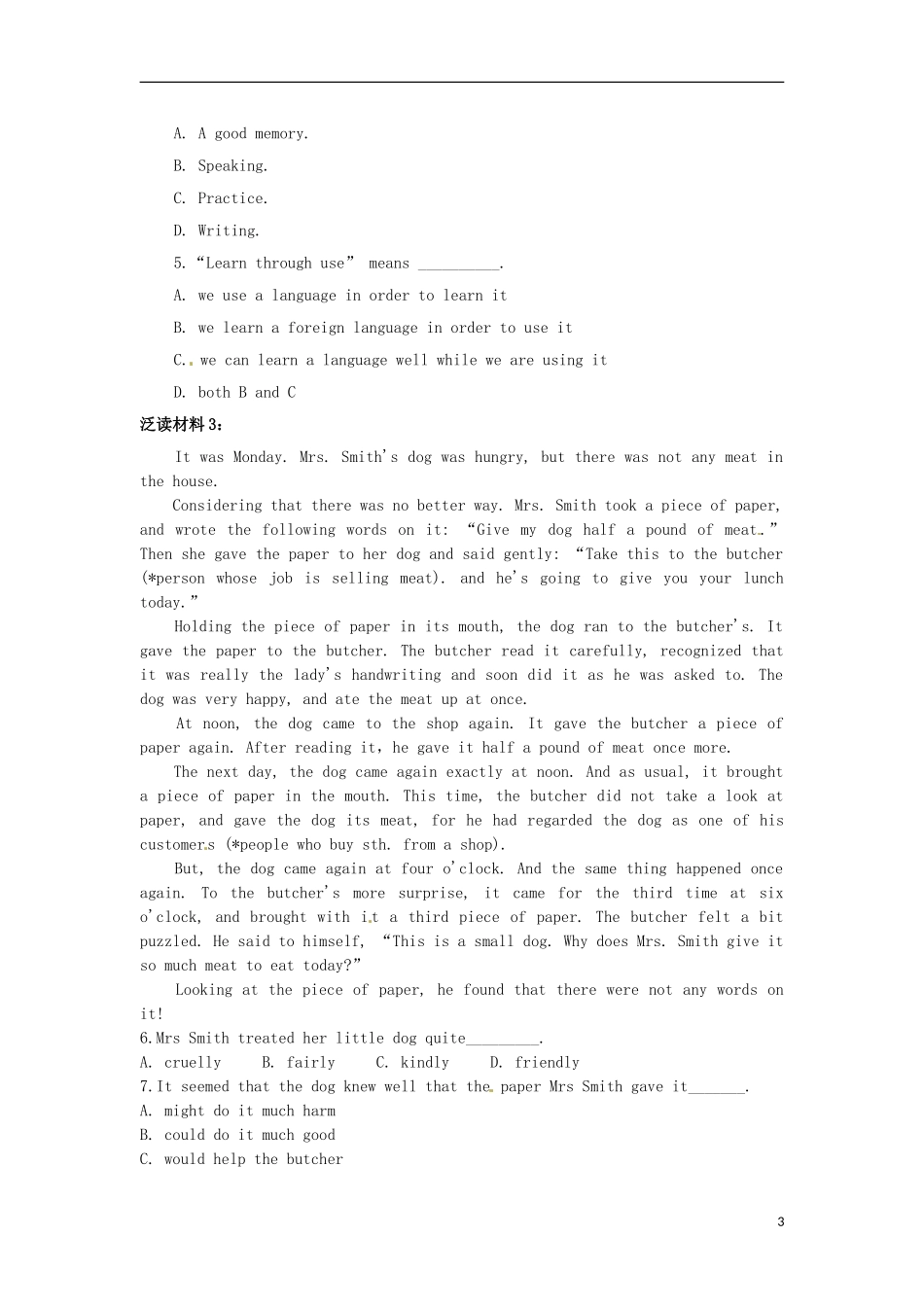 广东省惠州市惠东县惠东荣超中学高中英语 Unit2 第5学时 Extensive Reading学案 新人教版必修1_第3页