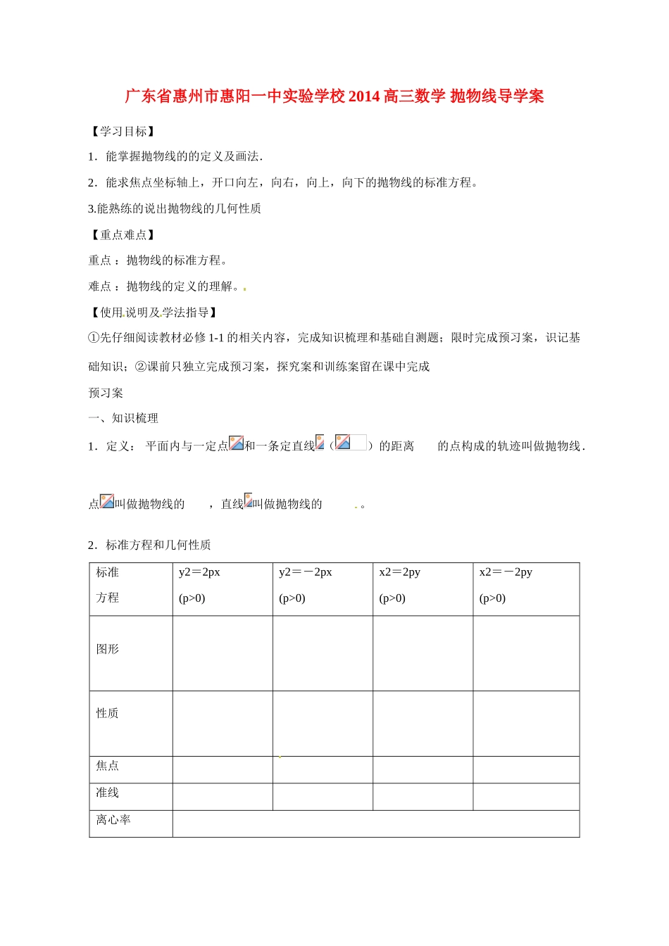 广东省惠州市惠阳一中实验学校2014高三数学 抛物线导学案_第1页