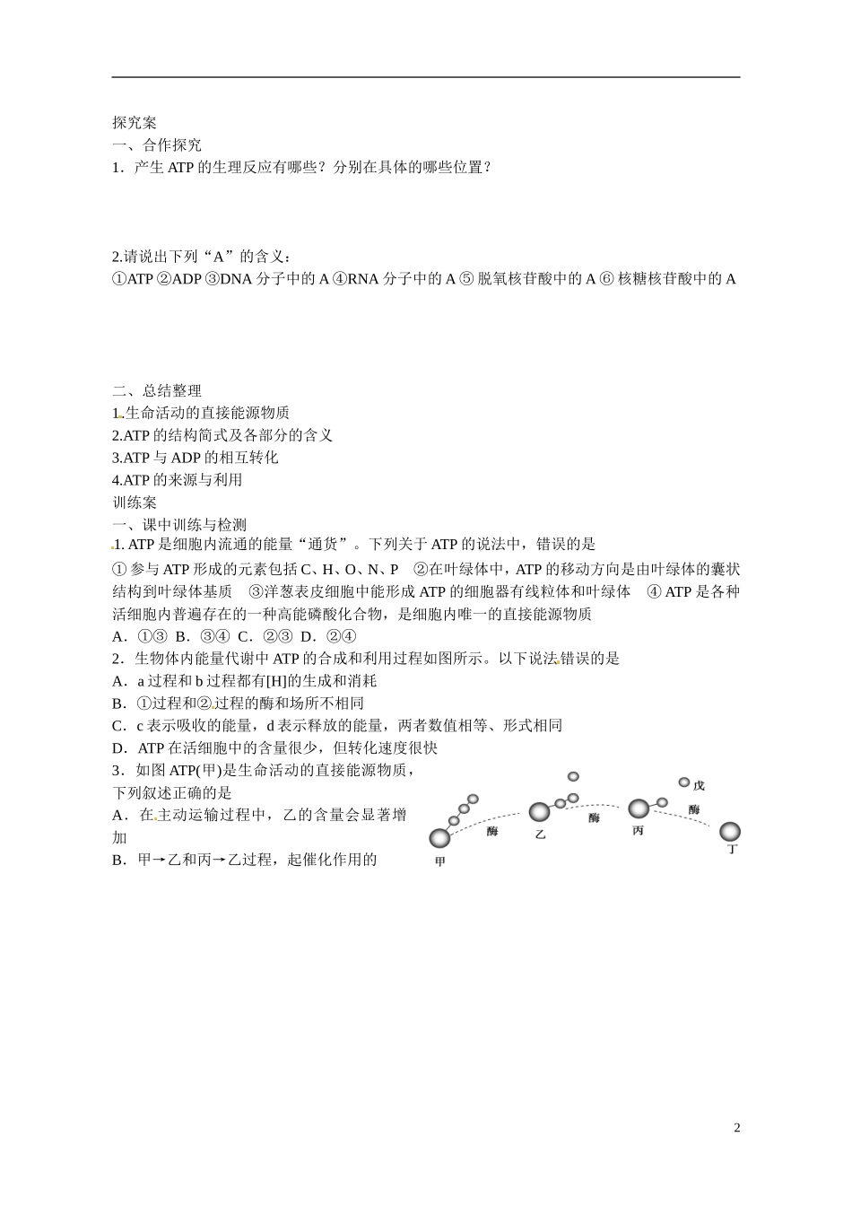 广东省惠州市惠阳一中实验学校2014高中生物 ATP导学案 新人教版必修1_第2页