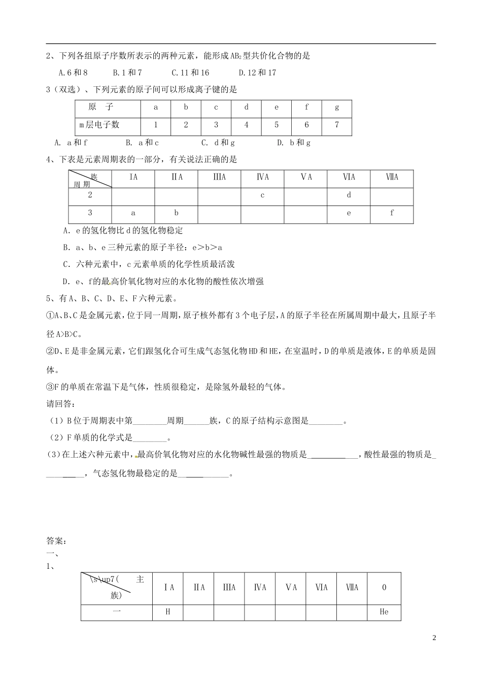 广东省第二师范学院番禺附属中学2014高中化学 第1章 物质结构 元素周期表教学案 新人教版必修2_第2页