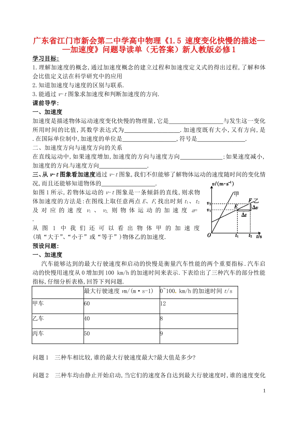 广东省江门市新会第二中学高中物理《1.5 速度变化快慢的描述——加速度》问题导读单（无答案）新人教版必修1_第1页