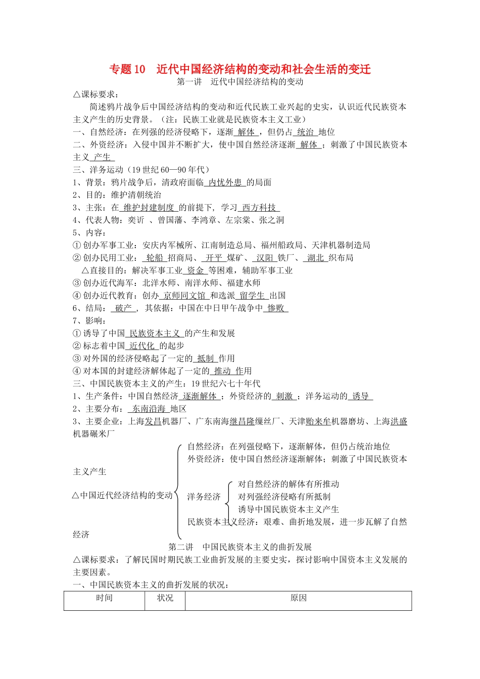 广东省深圳市皇御苑学校2013届高考历史一轮复习学案 专题10  近代中国经济结构的变动和社会生活的变迁 _第1页